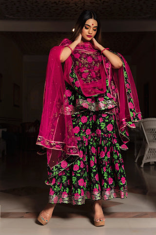 Cotton Black Block Print Sleeveless Sharara Set - Ria Fashions