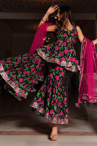 Cotton Black Block Print Sleeveless Sharara Set - Ria Fashions