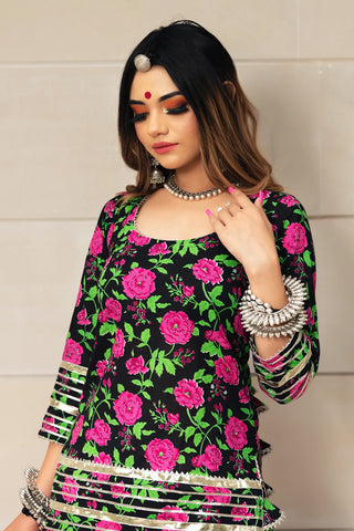 Cotton Black Flower Print Sharara Set - Ria Fashions