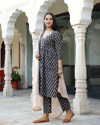 Cotton Black Printed Kurta Pant Set with Chiffon Dupatta - Ria Fashions