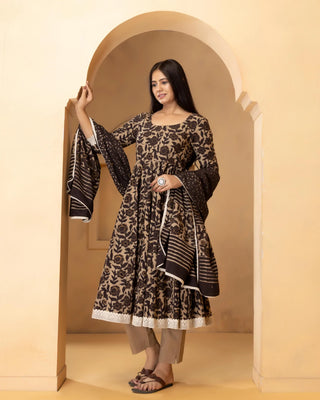 Cotton Black & Biege Printed Anarkali Suit Set with Dupatta