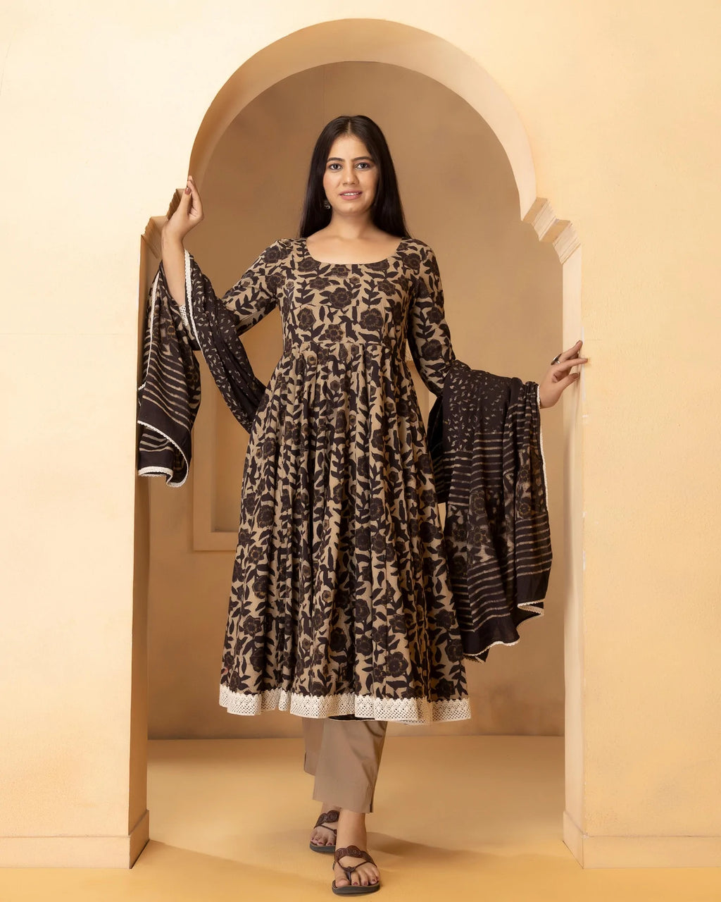Cotton Black & Biege Printed Anarkali Suit Set with Dupatta