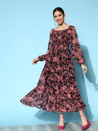 Black & Pink Georgette Printed Flared A Line Dress