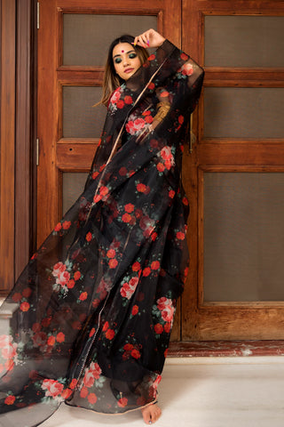 Black & Red Printed Organza Saree with Tafetta Blouse