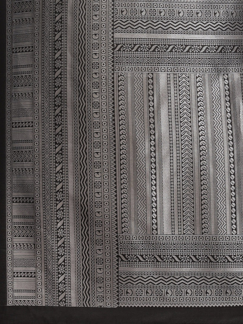 Black & Silver Silk Blend Ethnic Motif Woven Design Banarasi Saree