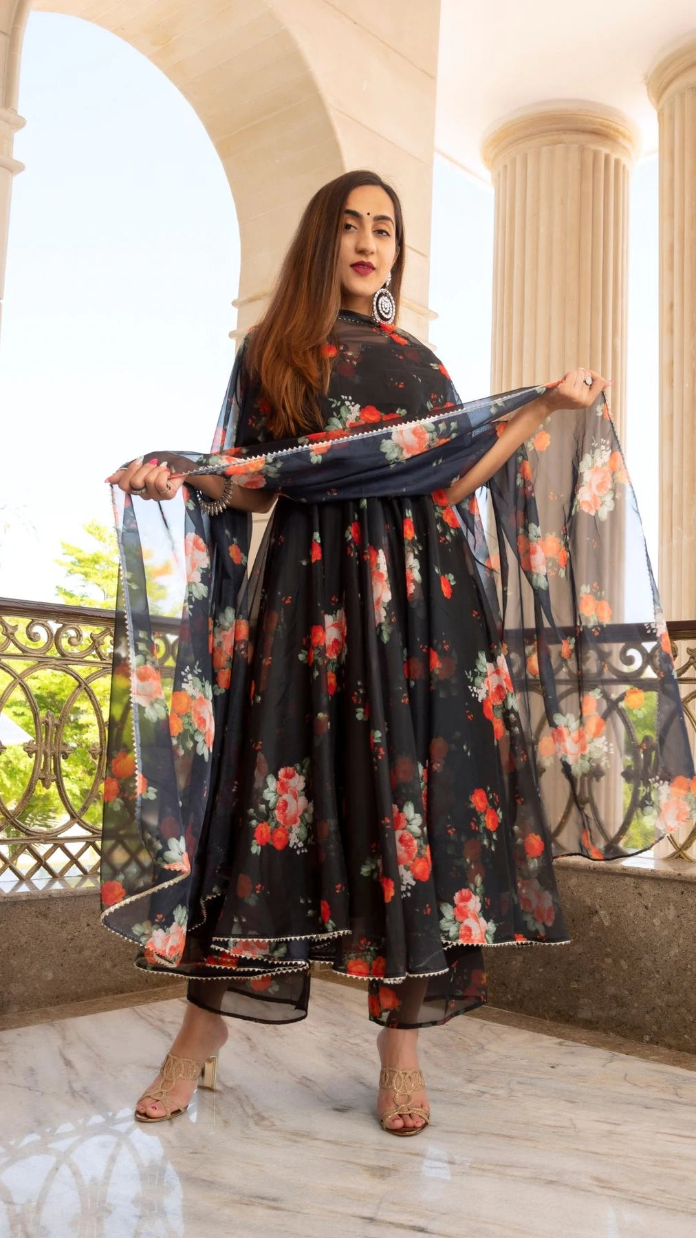 red and black anarkali dress Black Anarkali Suit with Red Multicolor Shrug & Hand-Embellished Work Anant Tex Exports Private Limited