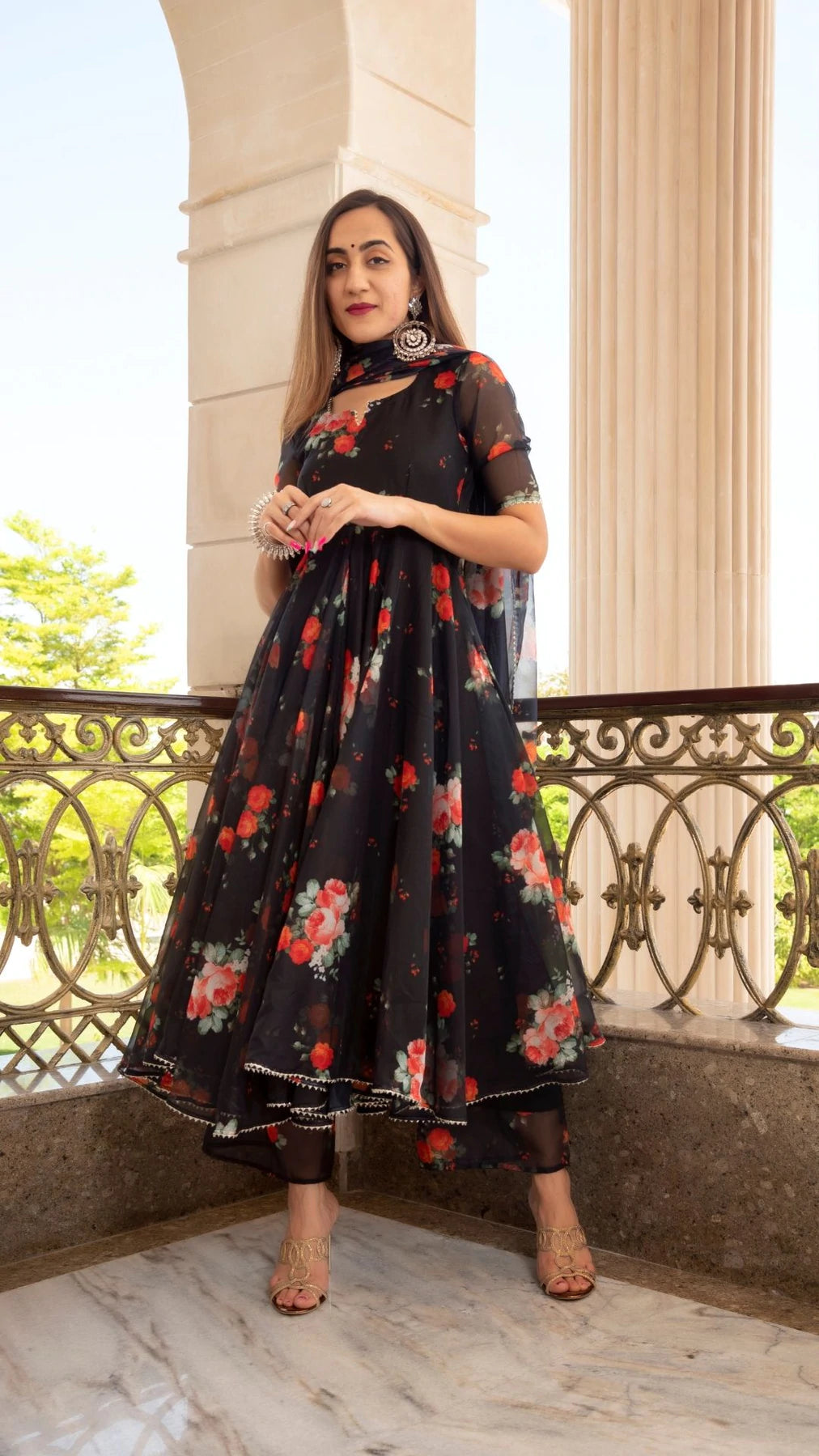 red black anarkali dress Black & Red Anarkali Patched Pleated Flare XS