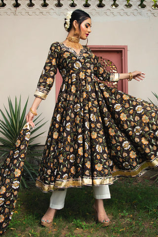 Brown Cotton Hand block Print Anarkali Suit Set - Ria Fashions