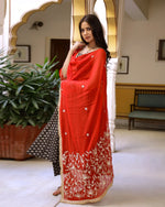 Cotton Grey and Red Kurta Pant Set with Chiffon Dupatta - Ria Fashions