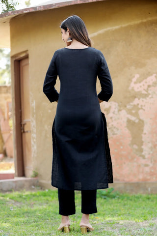 Cotton Black Sequins Embellished Kurta Pant Set