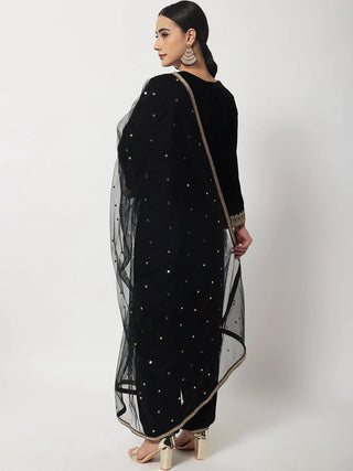 Black Velvet Embroidered Suit Set with Net Dupatta