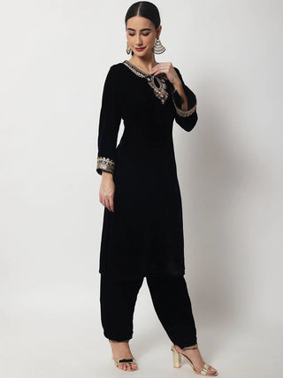 Black Velvet Embroidered Suit Set with Net Dupatta