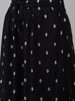 Black Viscose Rayon Print & Bead Detailing Suit Set with Cotton Dupatta