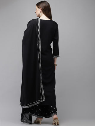 Black Viscose Rayon Print & Bead Detailing Suit Set with Cotton Dupatta
