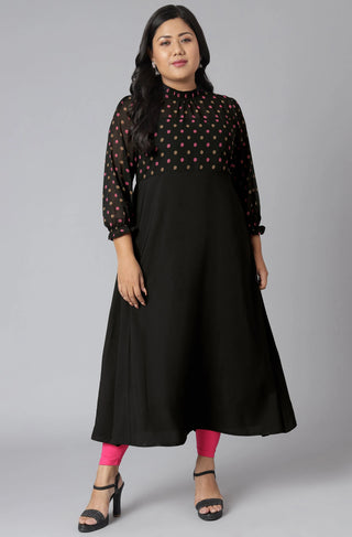 Black Poly Crepe Polka Dot Print A Line Kurta