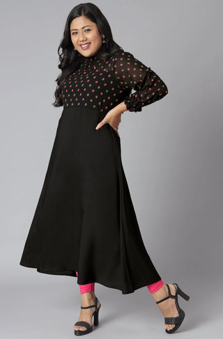 Black Poly Crepe Polka Dot Print A Line Kurta