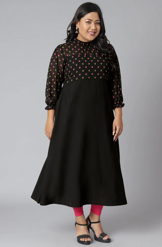 Black Poly Crepe Polka Dot Print A Line Kurta