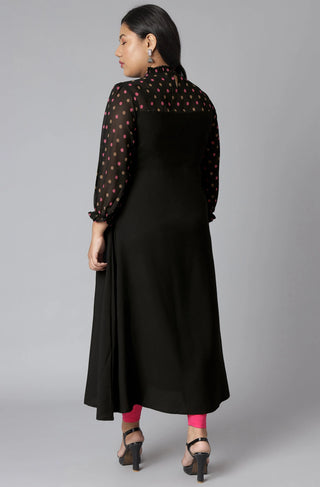 Black Poly Crepe Polka Dot Print A Line Kurta