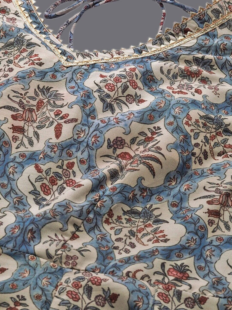 Silk Blue-Cream Motif Printed & Gotta Patti Detailing Anarkali Style Kurta
