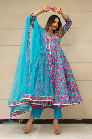 Cotton Blue Hand Block Print Anarkali Suit Set - Ria Fashions