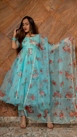 Organza Blue and Red Anarkali Suit Set - Ria Fashions