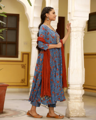 Cotton Blue & Red Printed Anarkali Kurta Pant Set with Mulmul Dupatta - Ria Fashions