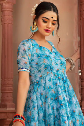 Chinon Chiffon Blue Printed Anarkali Suit Set - Ria Fashions