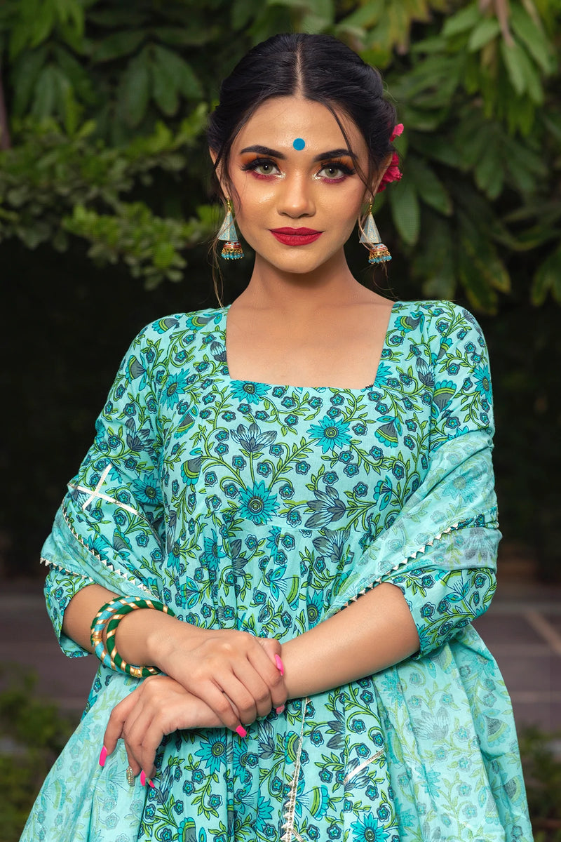 Sea Green Printed Anarkali Suit Set - Ria Fashions
