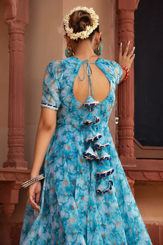 Chinon Chiffon Blue Printed Anarkali Suit Set - Ria Fashions