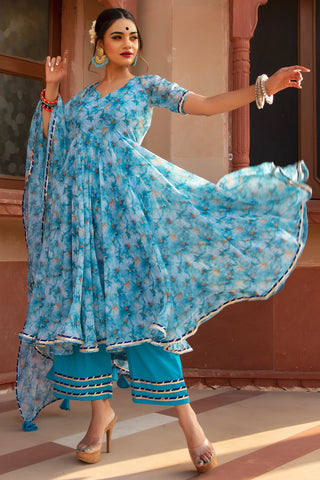 Chinon Chiffon Blue Printed Anarkali Suit Set