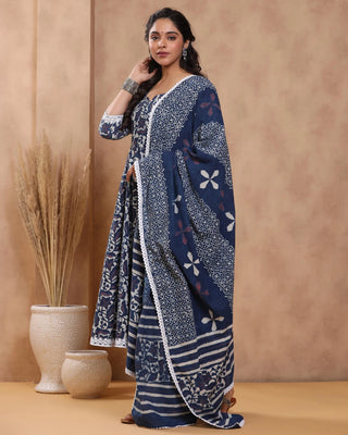 Blue & White Cotton Printed Anarkali Suit Set with Dupatta