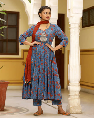 Cotton Blue & Red Printed Anarkali Kurta Pant Set with Mulmul Dupatta - Ria Fashions