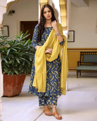 Cotton Blue & Yellow Bagru Print Anarkali Suit Set wit Mulmul Dupatta