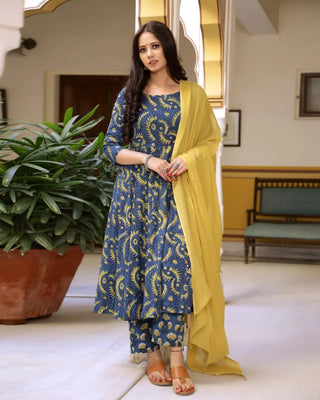 Cotton Blue & Yellow Bagru Print Anarkali Suit Set wit Mulmul Dupatta