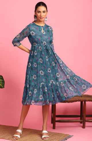 Poly Georgette Blue Floral Print Dress - Ria Fashions