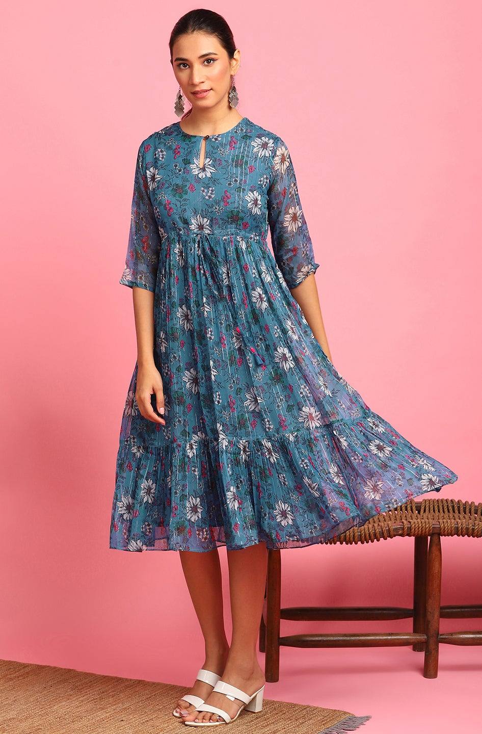 Poly Georgette Blue Floral Print Dress Ria Fashions Poly Georgette Blue Floral Print Dress Ria Fashions