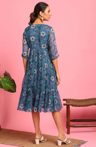 Poly Georgette Blue Floral Print Dress - Ria Fashions