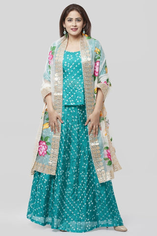 Blue Bandhej Ruffle Silk Lehenga Choli with Pink Gotta Embroidered Organza Dupatta - Ria Fashions