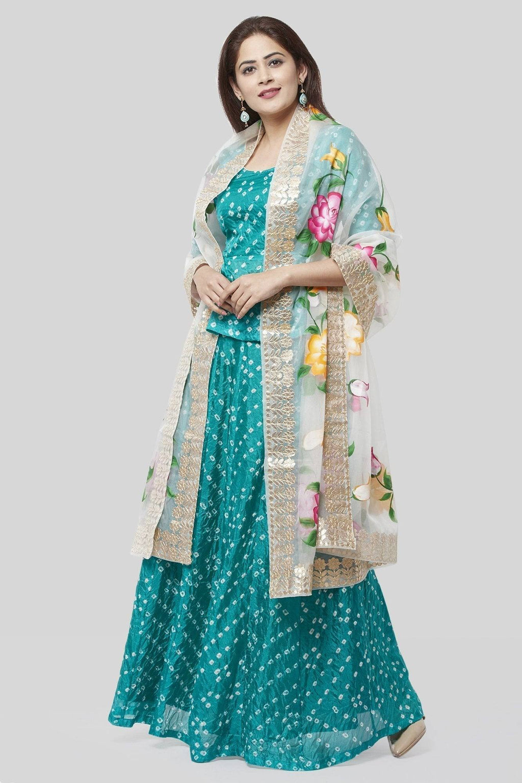 Blue Bandhej Ruffle Silk Lehenga Choli with Pink Gotta Embroidered Organza Dupatta - Ria Fashions