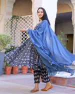 Cotton Blue Bagru Print Anarkali Suit Set with Yellow Mulmul Dupatta