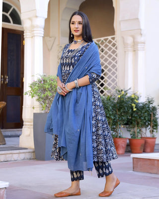 Cotton Blue Bagru Print Anarkali Suit Set with Yellow Mulmul Dupatta