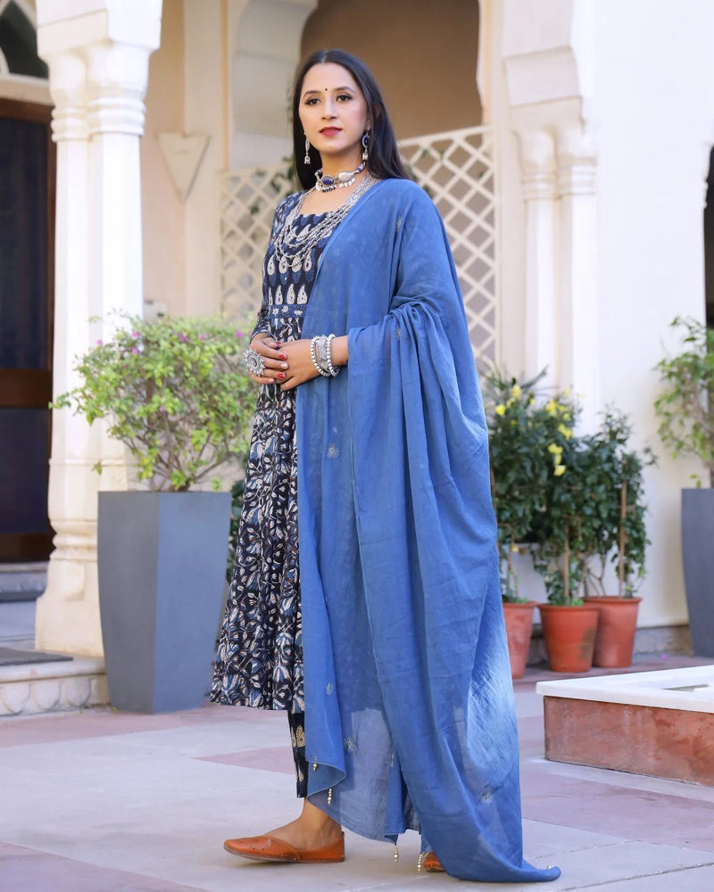 Cotton Blue Bagru Print Anarkali Suit Set with Yellow Mulmul Dupatta