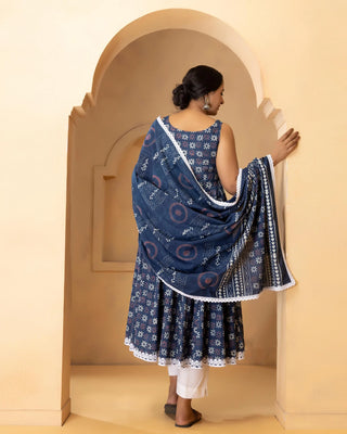 Cotton Blue Printed Anarkali Suit Set with Dupatta