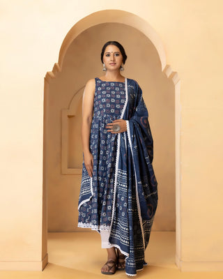 Cotton Blue Printed Anarkali Suit Set with Dupatta