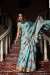Linen Blue Printed Saree with Cotton Blouse - Ria Fashions