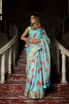 Linen Blue Printed Saree with Cotton Blouse - Ria Fashions