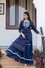 Cotton Navy Blue Bandhani Print & Embroidered Sharara Suit Set with Dupatta