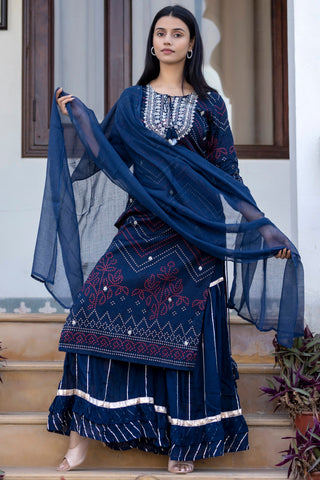 Cotton Navy Blue Bandhani Print & Embroidered Sharara Suit Set with Dupatta