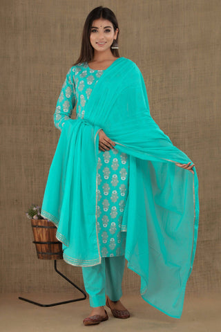 Cotton Blue- Green Printed Suit Set with Dupatta - Ria Fashions