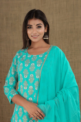 Cotton Blue- Green Printed Suit Set with Dupatta - Ria Fashions